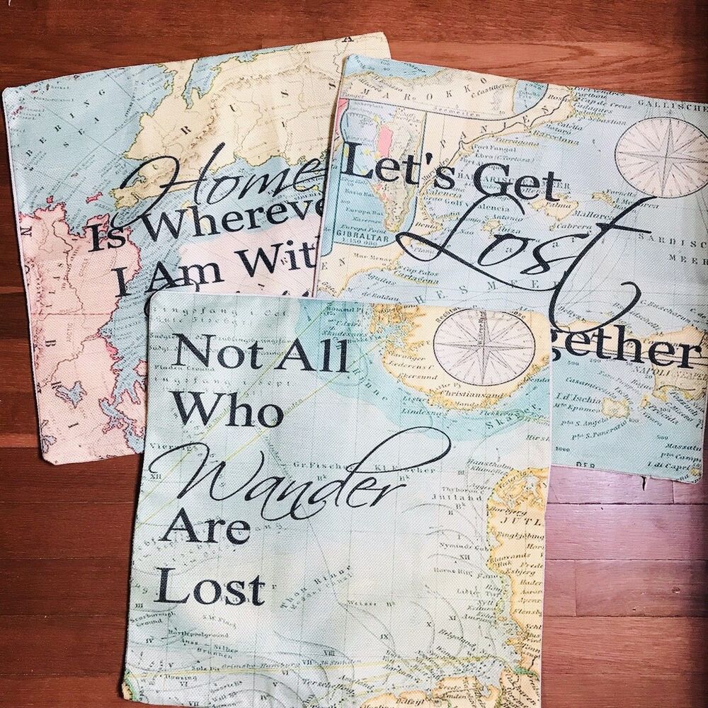 Lot of 3 Square Pillow Covers Travel Maps Home Farmhouse Boho Classic 18x18 Inch